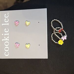 Cookie Lee Girls earings and rings hearts, flowers, butterfly, lady bug, 5 piece